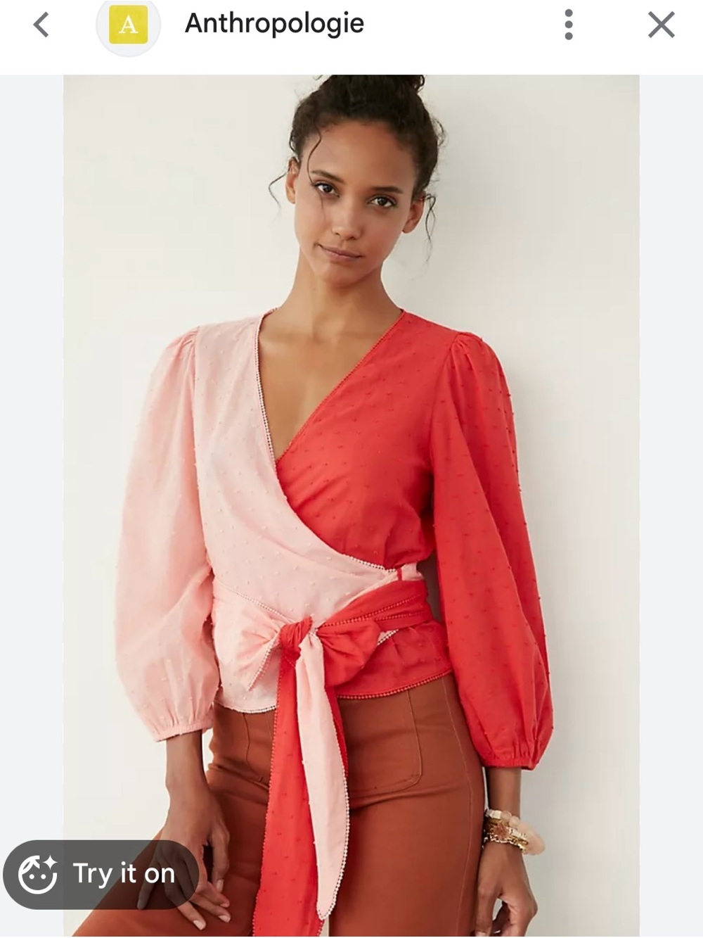 Farm Rio For Anthropologie Colorblocked Wrap Blouse Pink-Red Bow Tie Puff Sleeve
